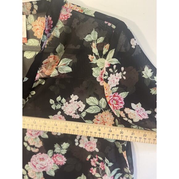 No Boundaries Large Blouse Chiffon Black Floral Sheer Round Hem Roll Tab V Neck - Picture 2 of 6